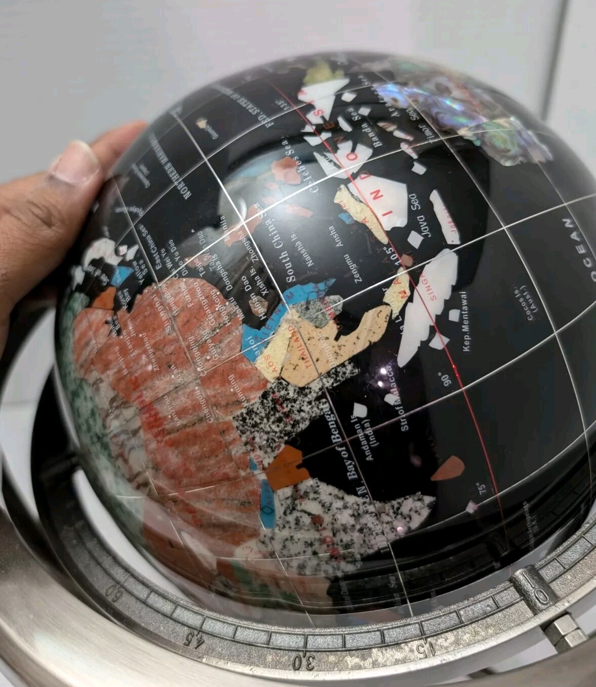 World Globe-Semi-Precious Inlaid Stone and Shells w Compass