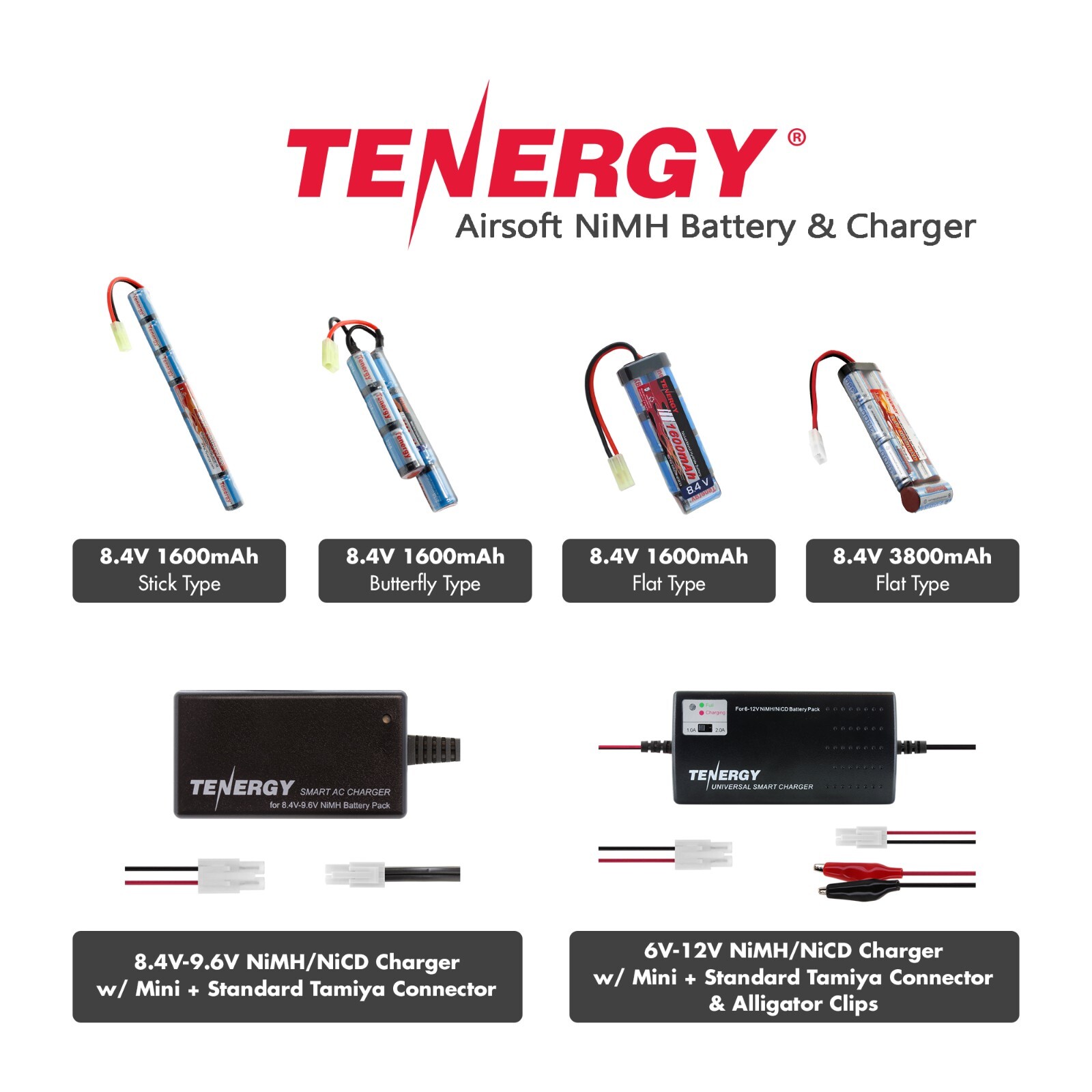 Tenergy 8.4V NiMH Airsoft 1600mAh & 3800mAh Battery Pack with Charger Option Lot