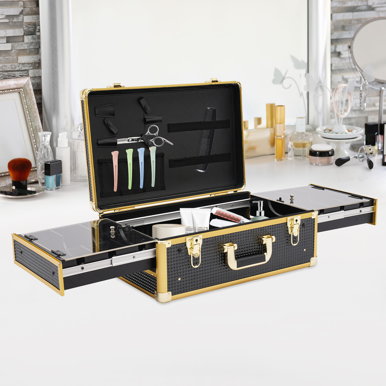 Aluminum Barber Case Organizer Luxury Gold Hair Tool Storage Box Lockable Case