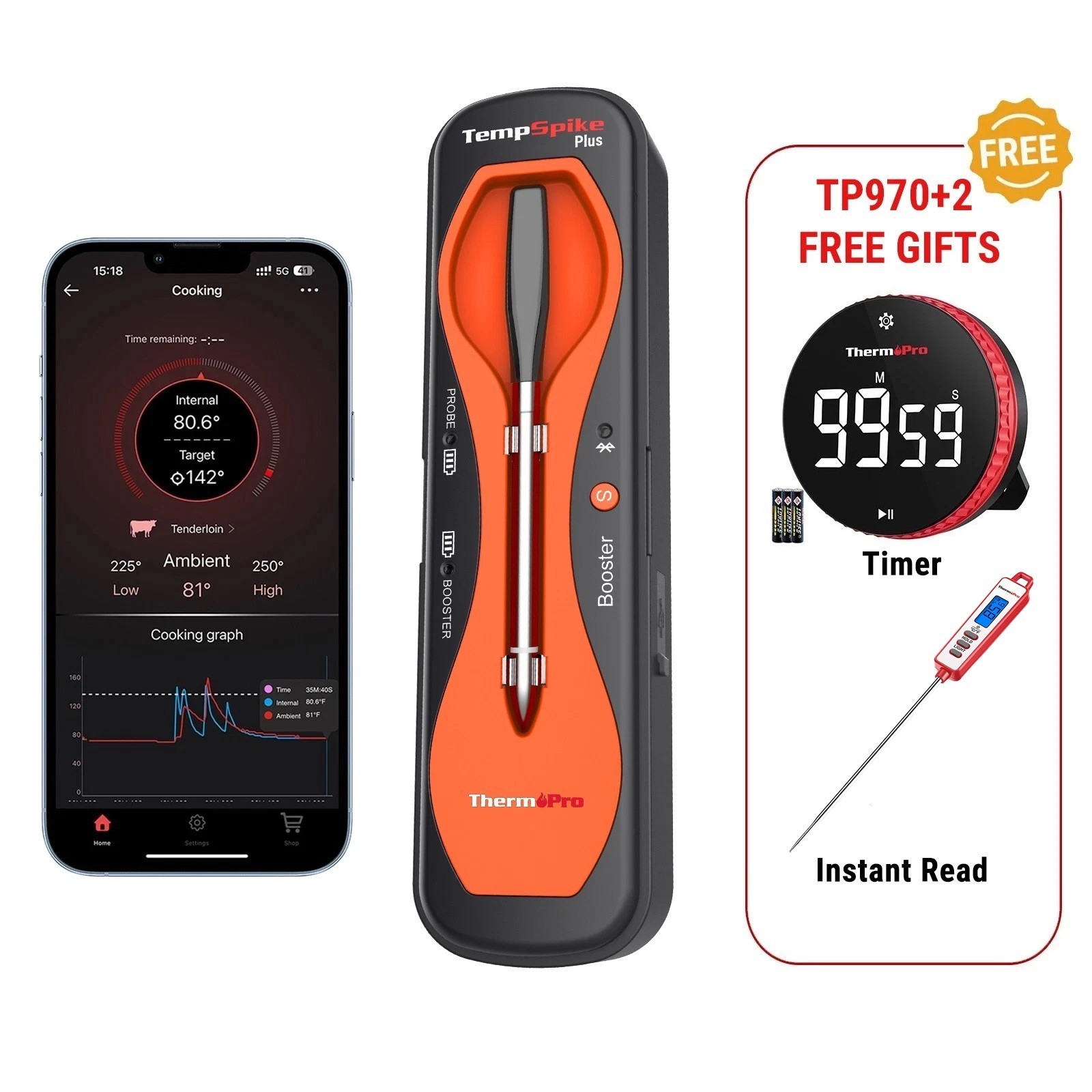 TempPro TempSpike Plus Wireless Meat Thermometer Bundle Instant Read Timer Kit