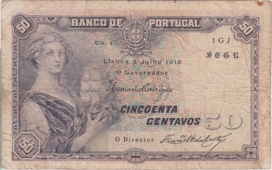 Portugal  P.112-1GJ   50 Centavos  ch.1,  5.7.1918 serie 1 GJ, FINE 2003