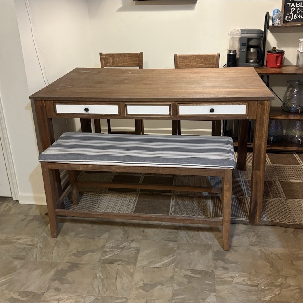Farmhouse Style 3-Piece Wood Dining Set with Table, Bench, 2 Chairs, Drawers