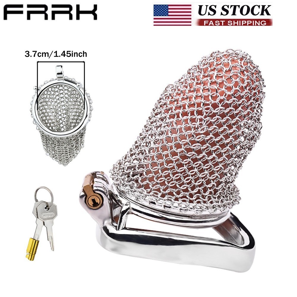FRRK Stainless Steel Male Chastity Cage Mesh Net Design Chain Link Secure Lock