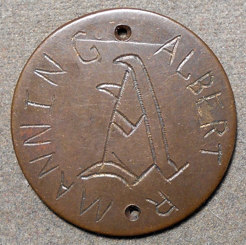 Engraved: ALBERT R MANNING, A   M. Copper, 30mm, two holes for suspension, trac