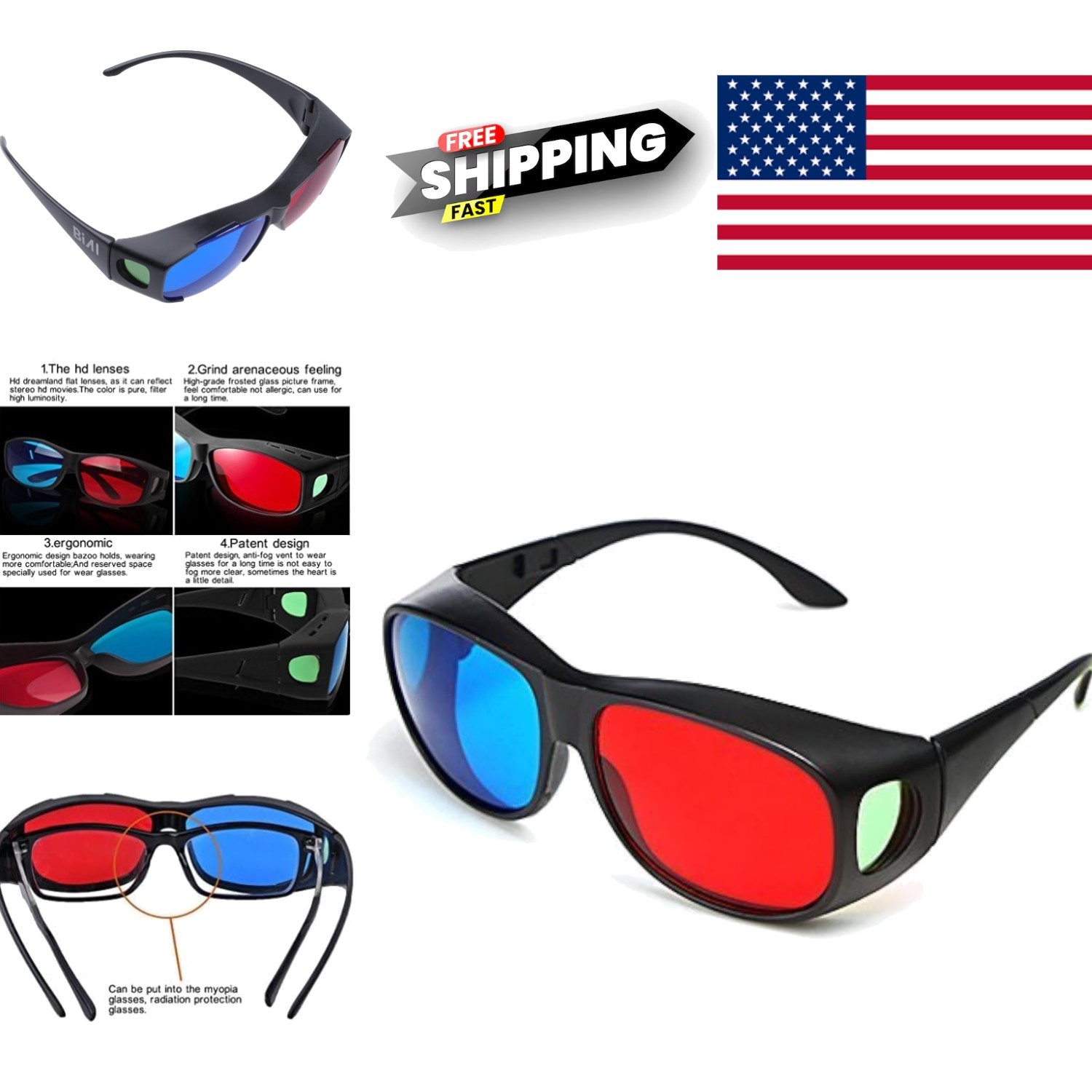 Simple Style Red Blue 3D Glasses with Resin Lenses for Enhanced Experience