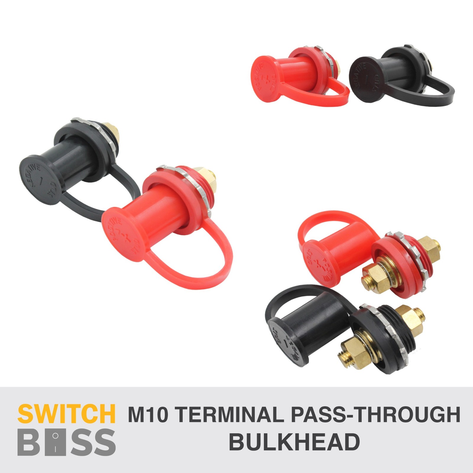 M10 Terminal Post Passthrough Firewall Bulkhead Thru Panel 12v All BLACK RED SET