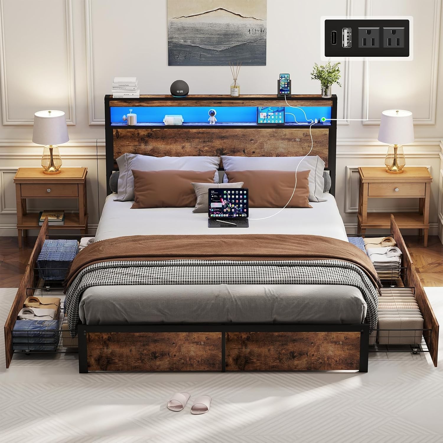 Full Queen Bed Frame with 4 Storage Drawers and Charging Station ＆ LED Lights