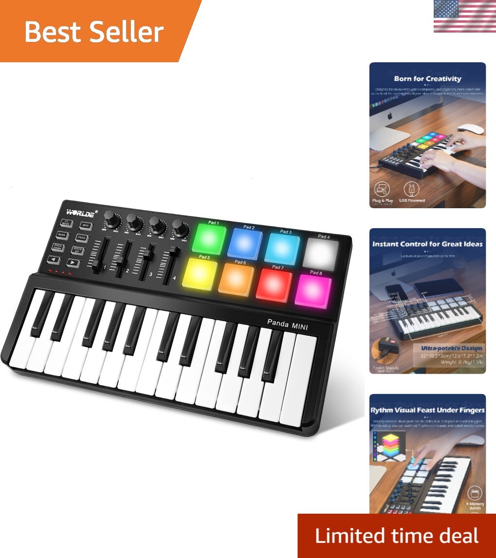 Portable MIDI Beat Maker with 25 Keys and Drum Pads - For Beginners & Pros