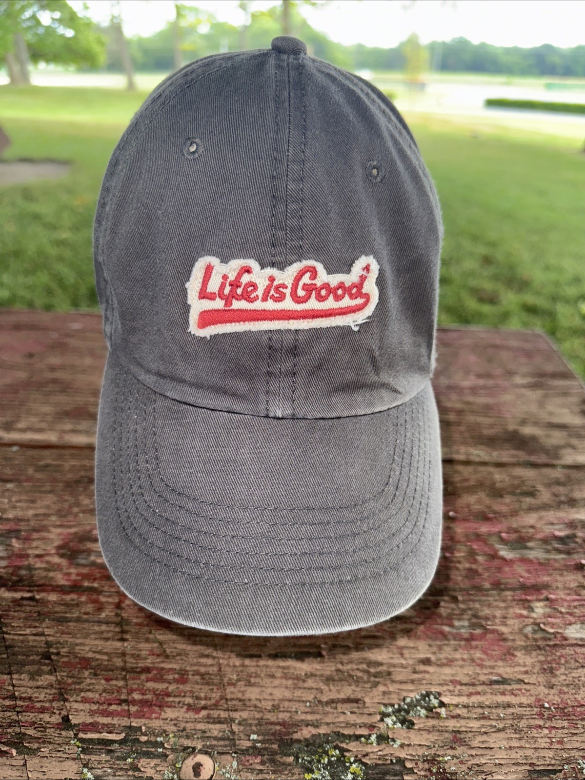 Life is Good Red White Distressed Patch on Gray Hat Cap Cotton Strap Buckle EUC