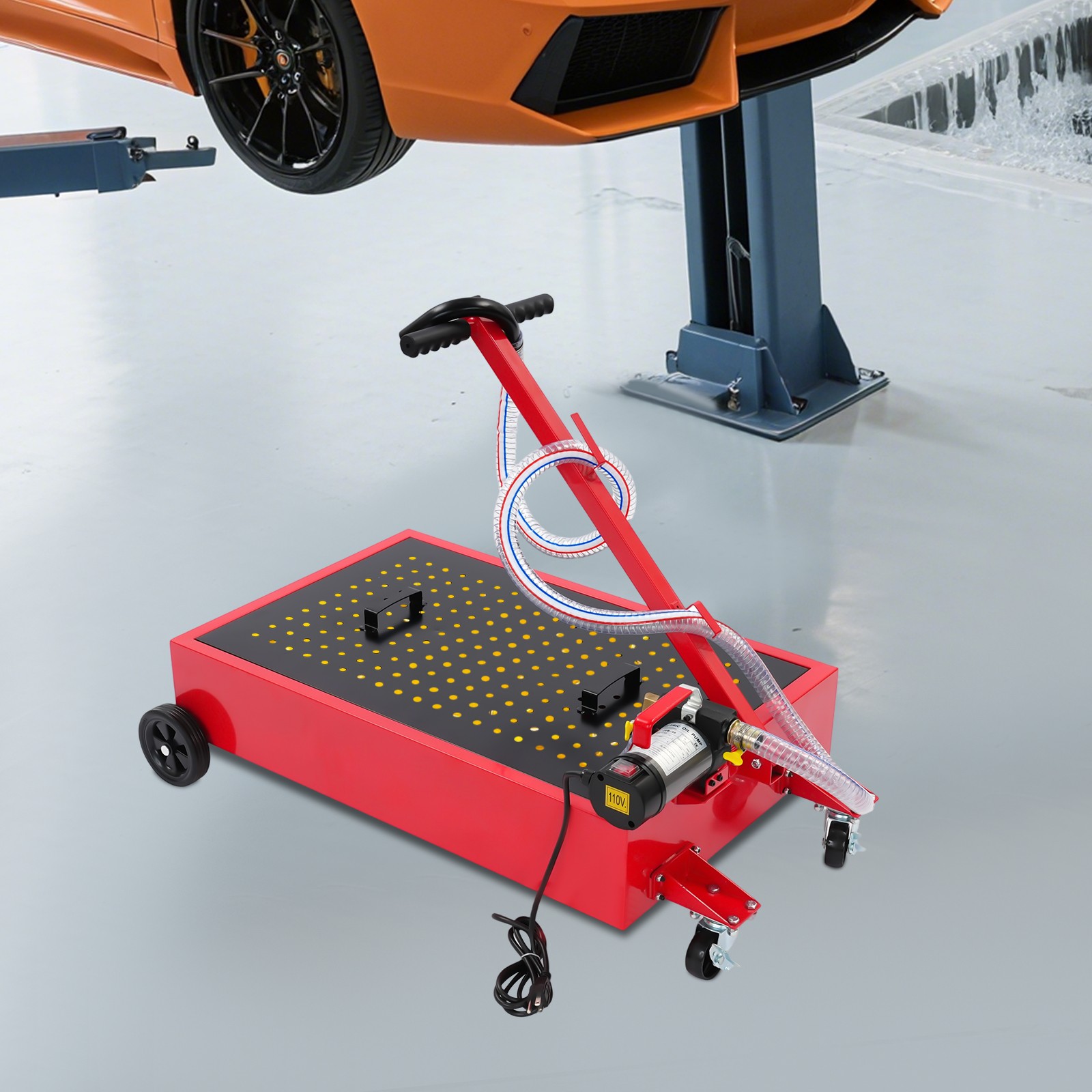 17Gal Oil Drain Pan Low Profile with Electric Pump 120W and Wheels Car Truck