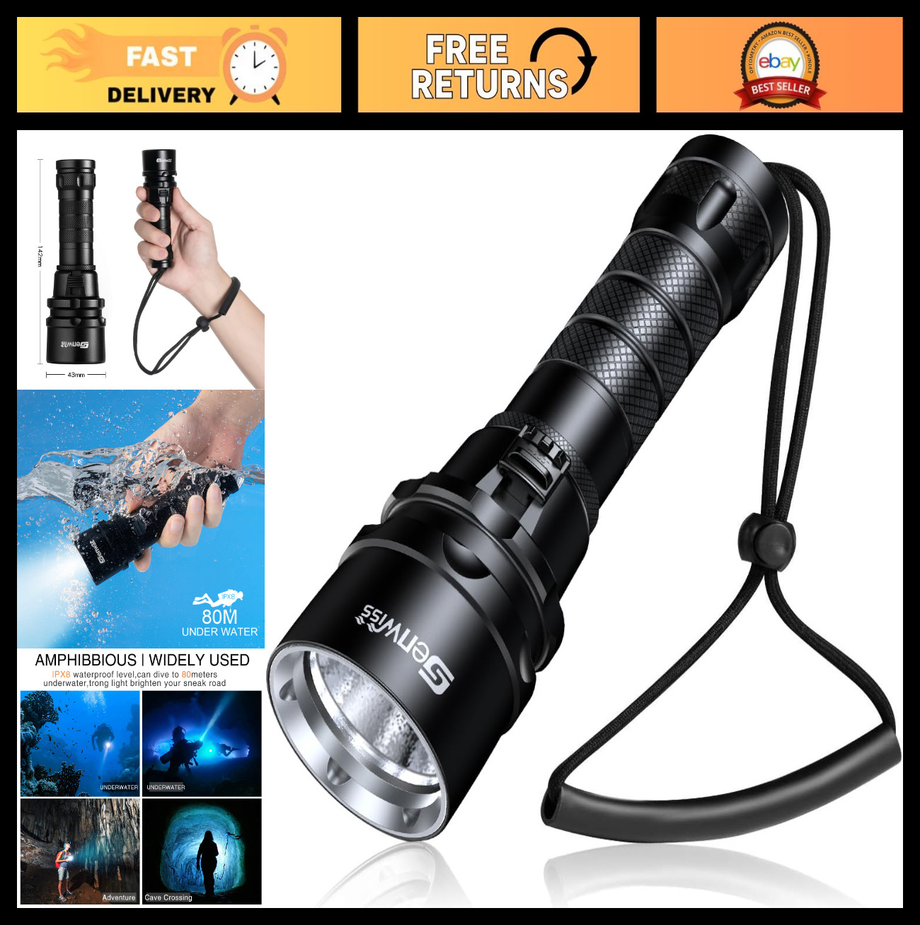 2000 Lumen Waterproof Scuba Diving Flashlight Torch - Underwater LED Dive Light