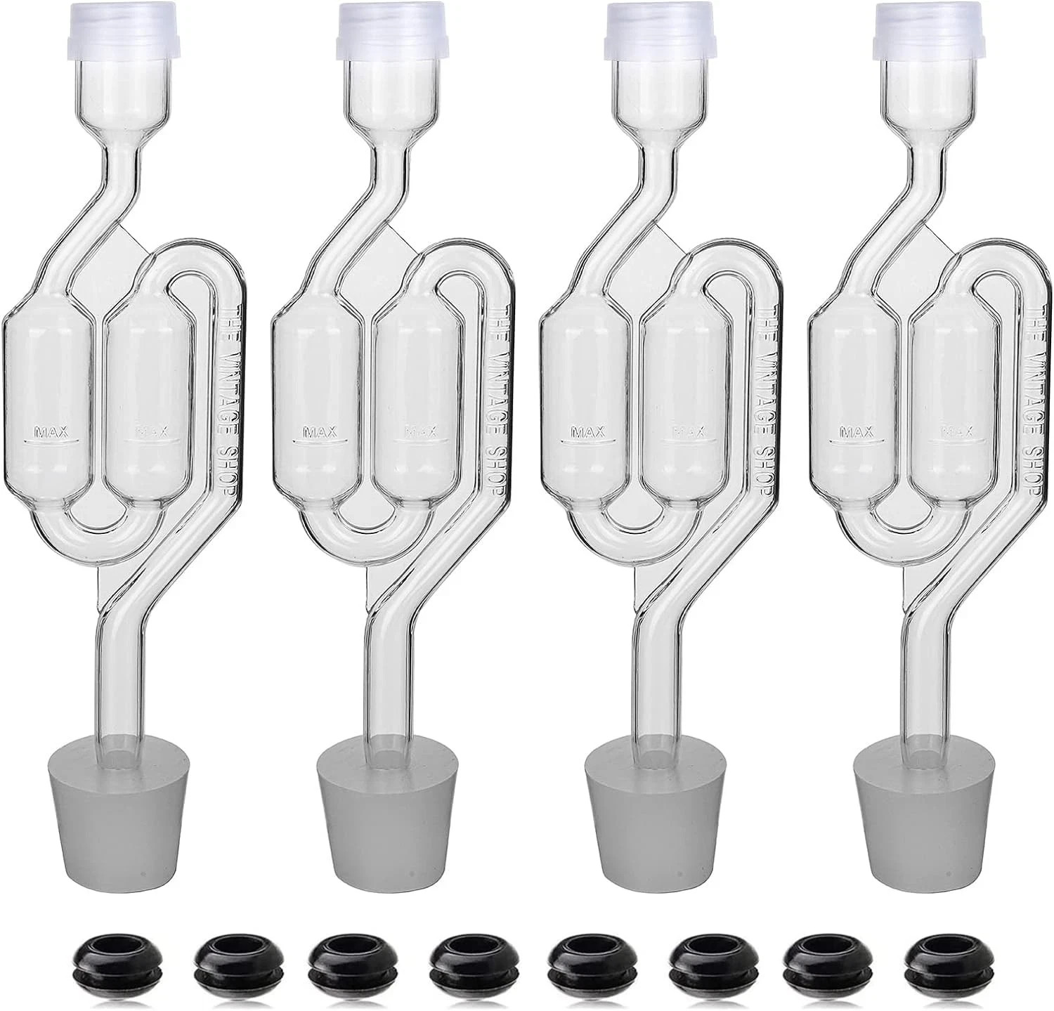 Bubble Airlock Set, 4 Airlocks for Fermenting, 4 Drilling #6 Stoppers and 8