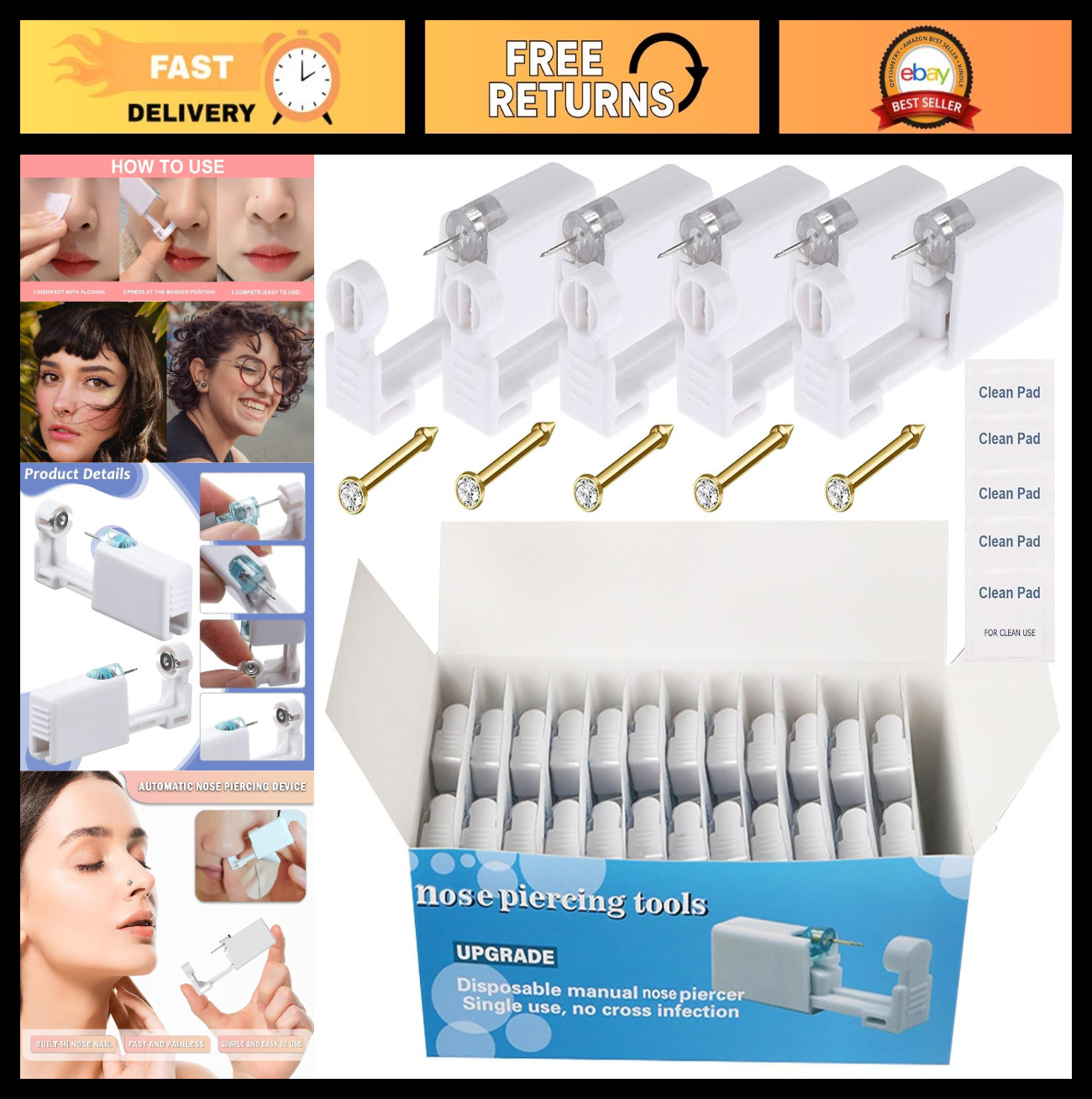 Nose Piercing Gun Kit - 72Pcs Self-Use Kit with 24 Studs & Clean Tools for Carti