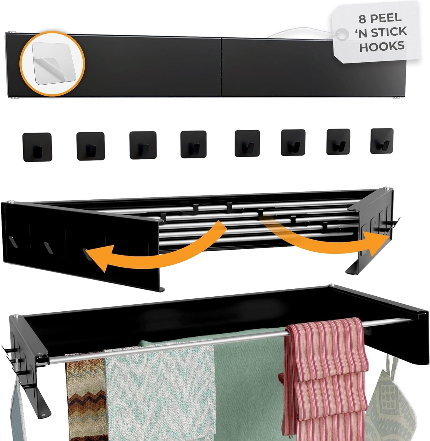 Hanging Collapsible Wall Mounted Clothes Laundry Drying Rack w 8 Hooks NEW