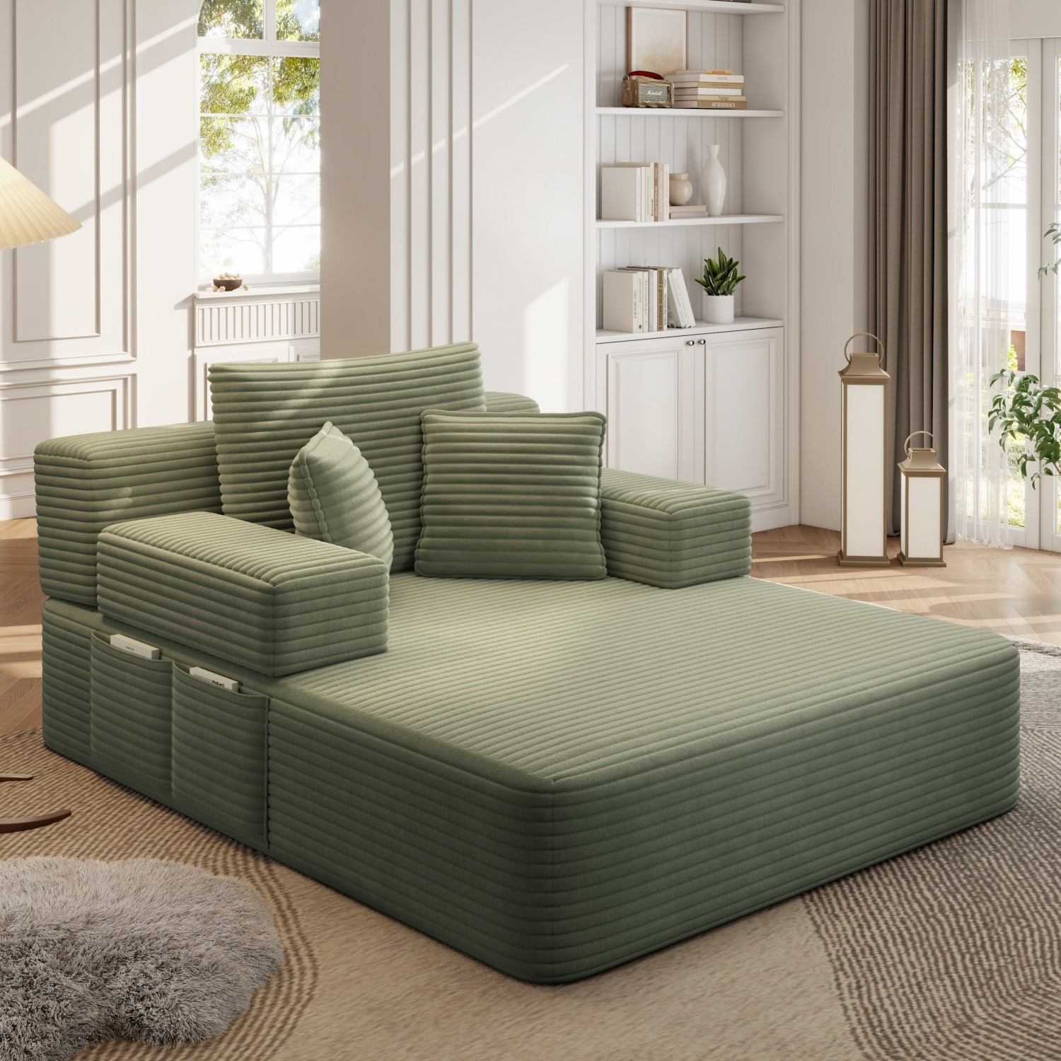 Modern Plush Corduroy Sofa Bed Chaise Lounge No Assembly Required for Apartment