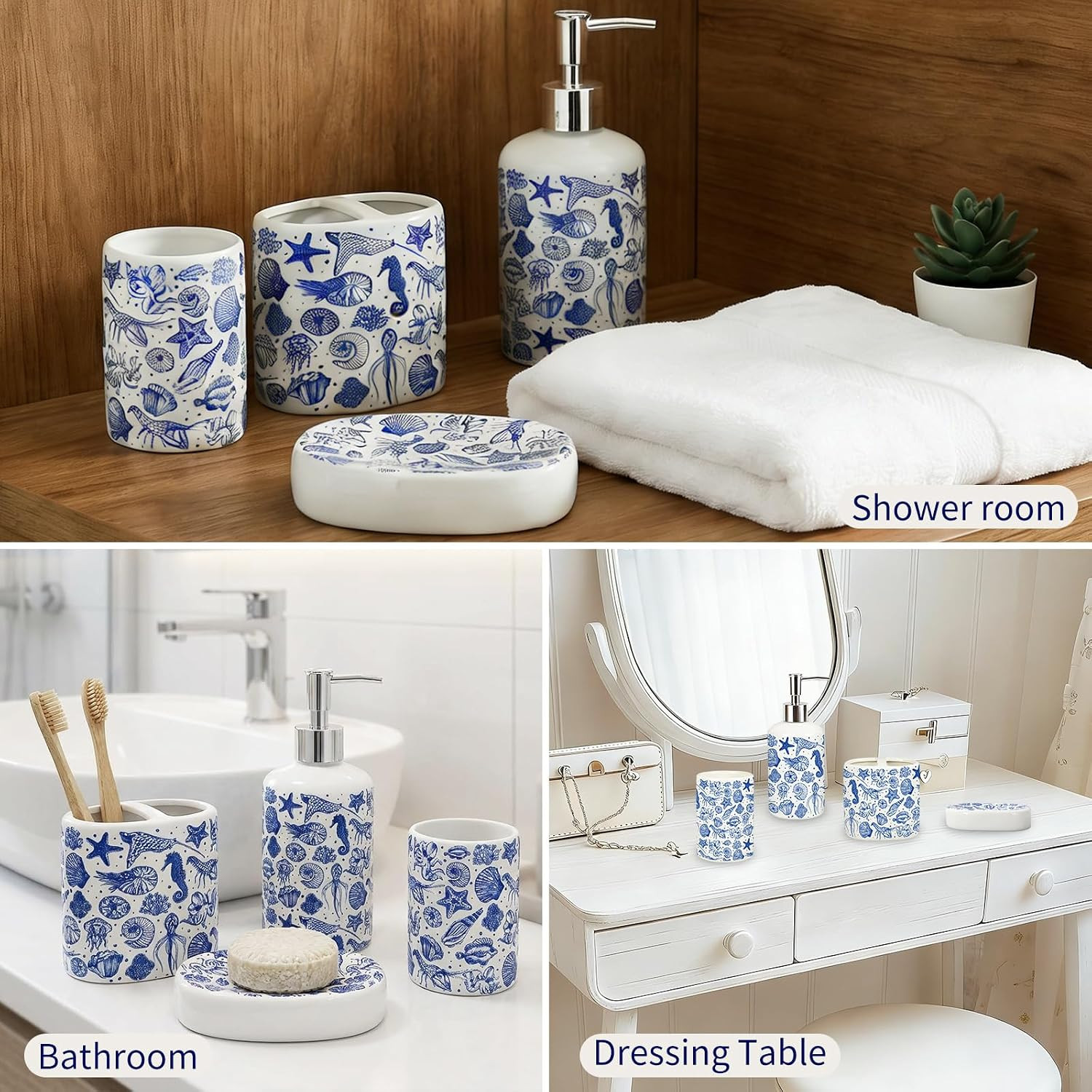4Pcs Blue Beach Ceramic Bathroom Accessories Coastal Seashell