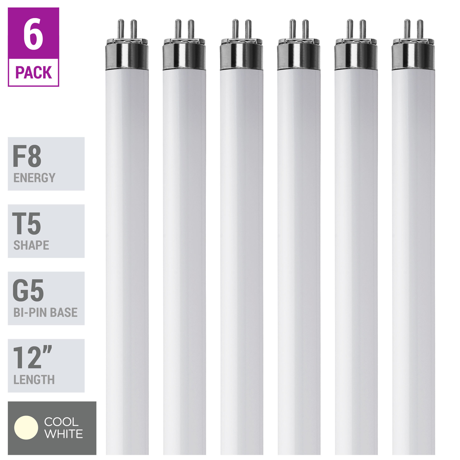 6 Pack F8T5 CW 41K Tube 12" Inches 8W Watt T5 Mini Bi 2-Pin G5 4100K Cool White