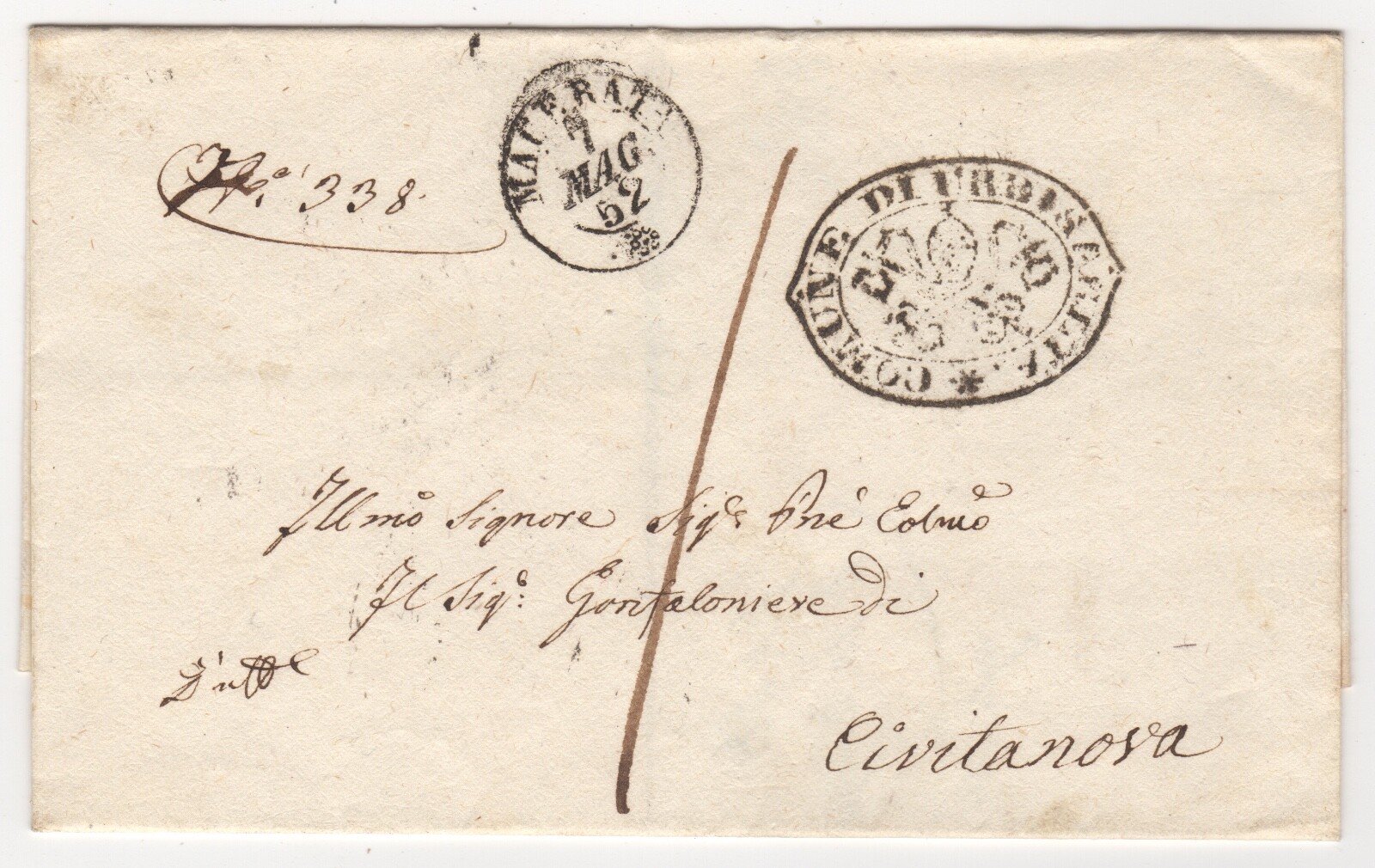 1852 May 7th. Papal States Cover. Macerata to Civitanova.