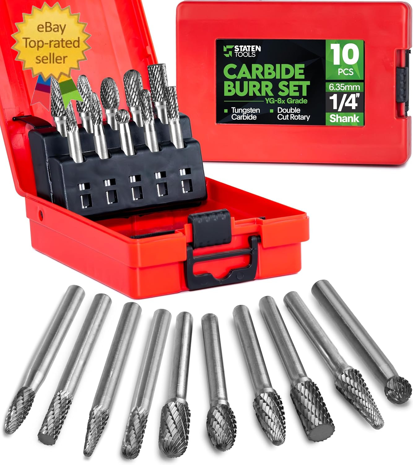 Carbide Burr Set 1/4" (6.35Mm) Shank – 10 Pcs Double Cut Die Grinder Bits for Mi