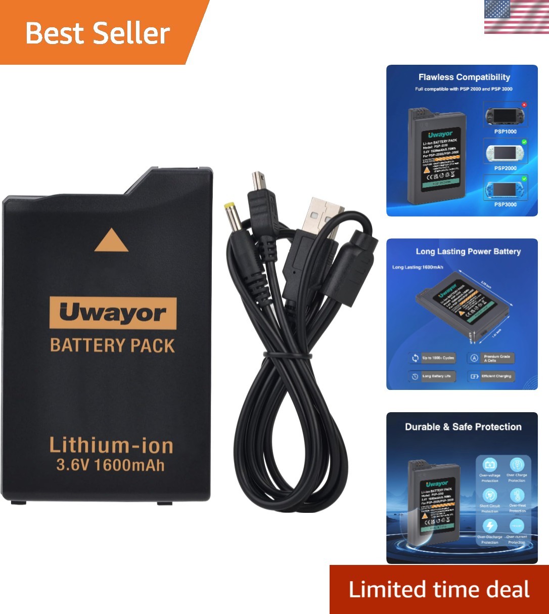 Wide Compatibility 1600mAh PSP Battery & 4ft Charger Cable for Ultimate Playtime