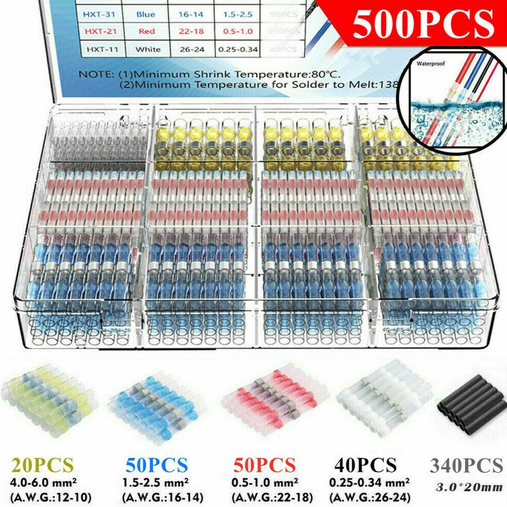 500PCS Solder Seal Heat Shrink Butt Connectors for 0.5-6.0 mm Diameter
