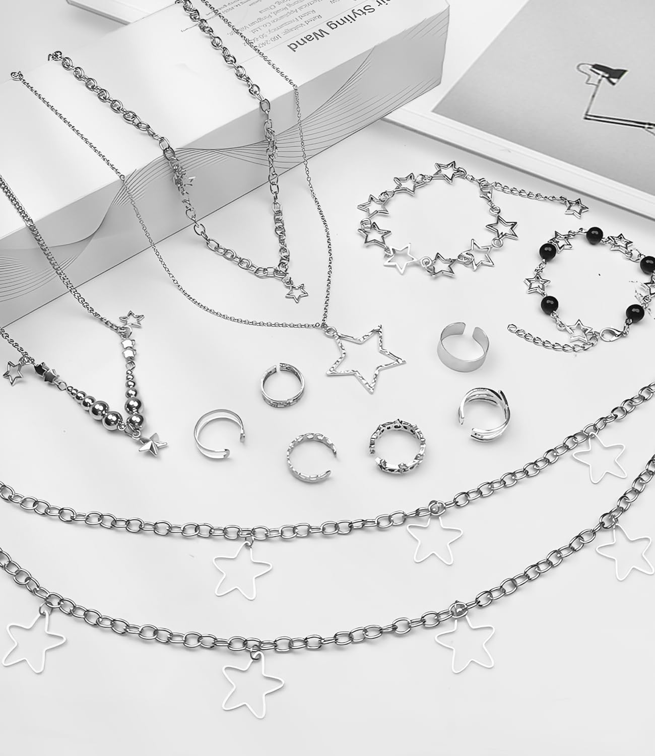 Molirex 12 Pcs Y2k Necklace Stack Layered Silver Jewelry Set Star