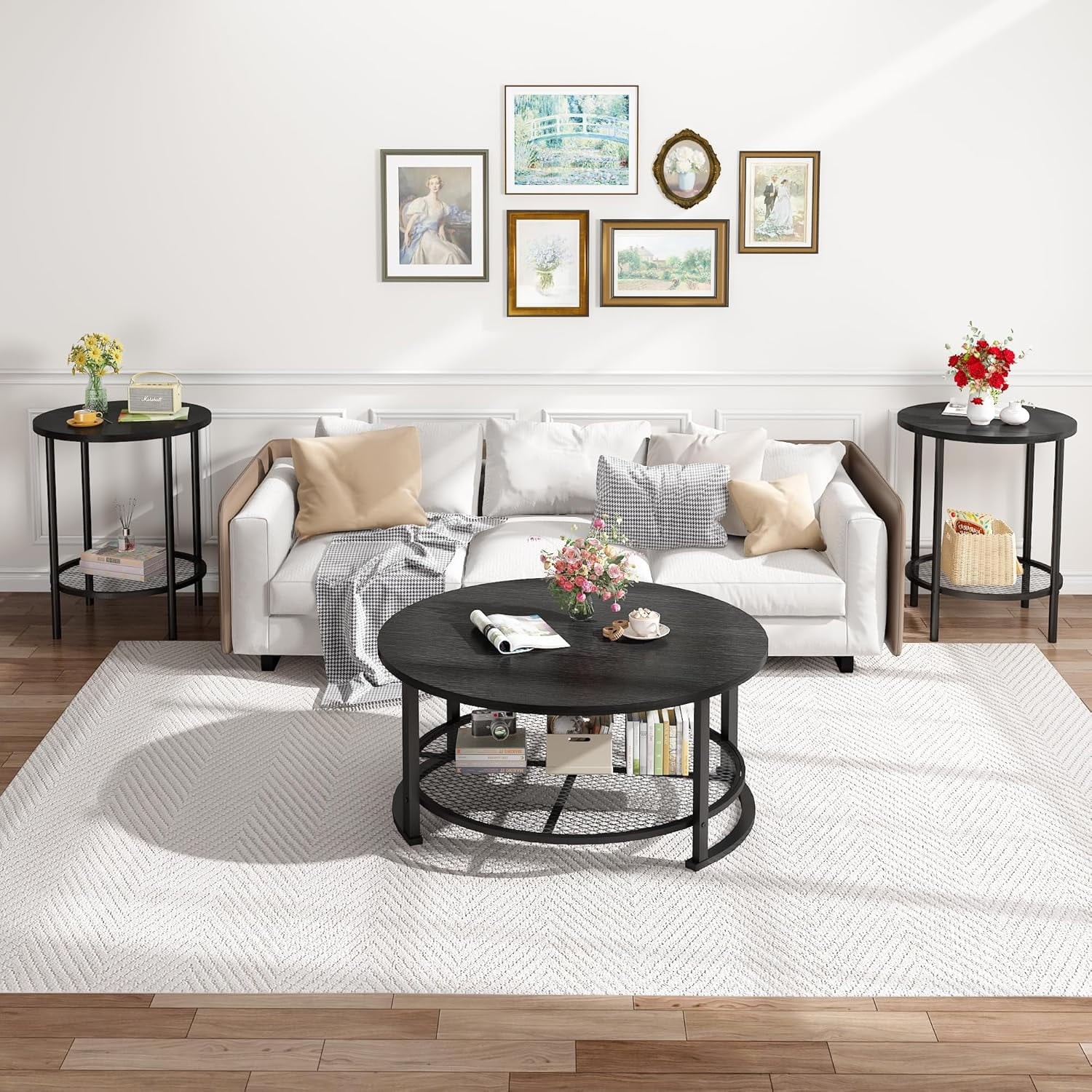 LinkRomat 3-Piece Coffee Table Set with Storage, Round Coffee Table & 2 Matching