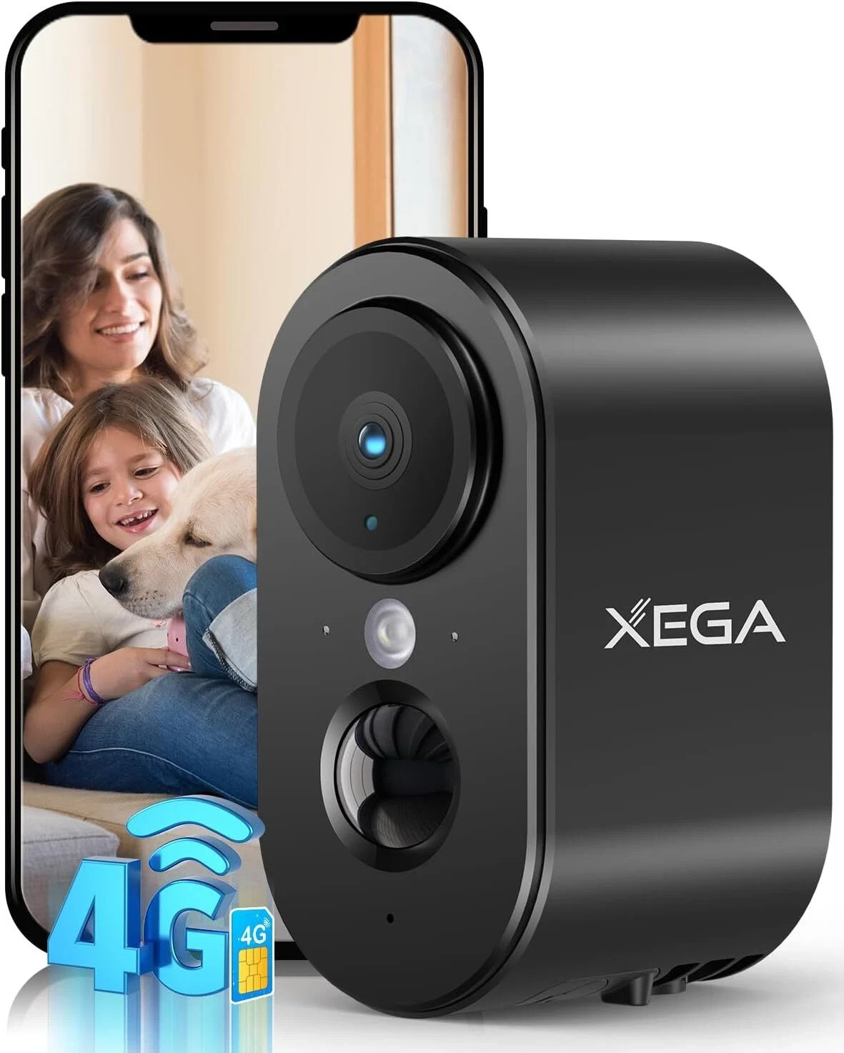 Xega 4G Cellular Security Camera Indoor Built-in SIM Card, 2K Portable Camera