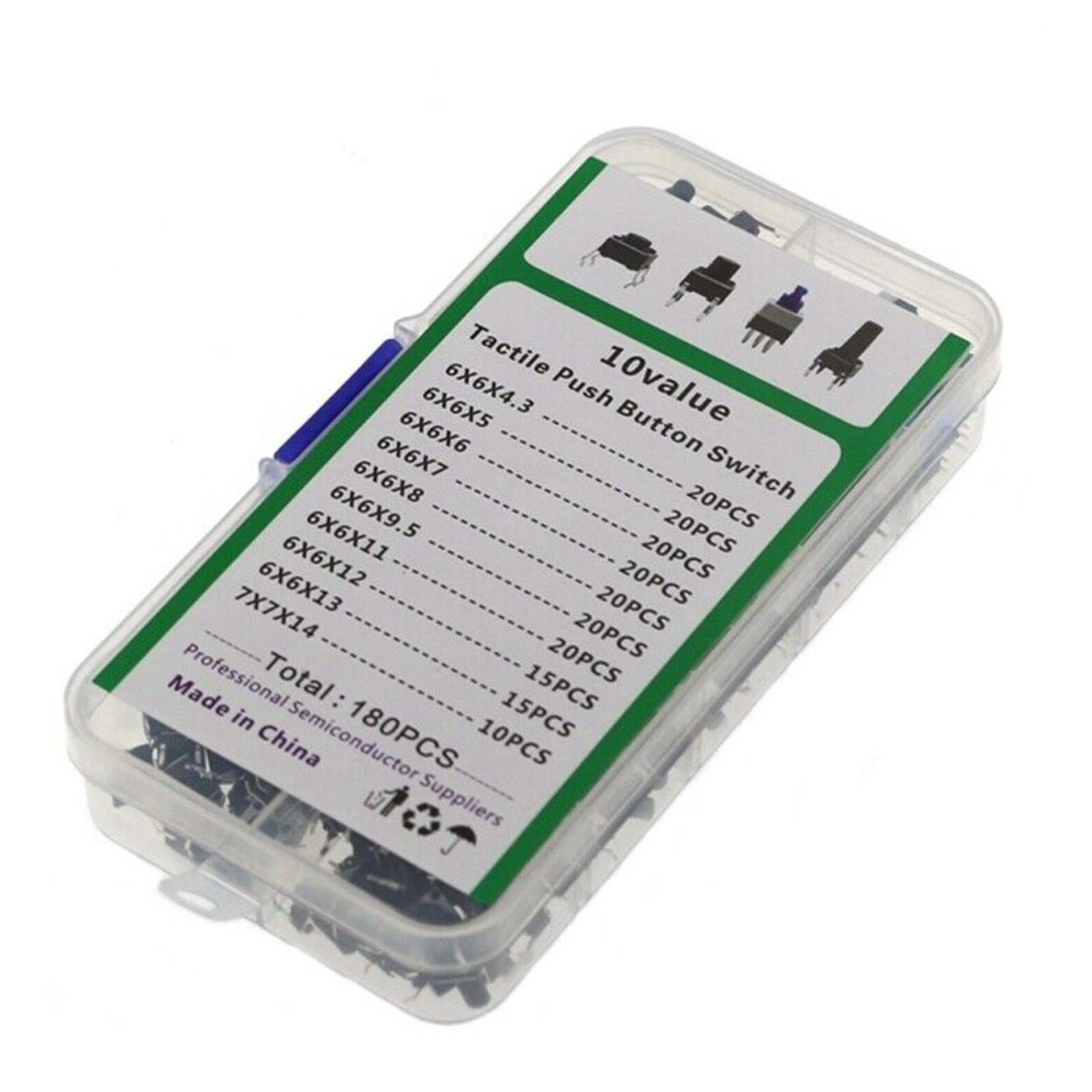 180pcs 4.3-14mm 10 Type 6X6 Light Touch Tactile Push Button Switch Assortment