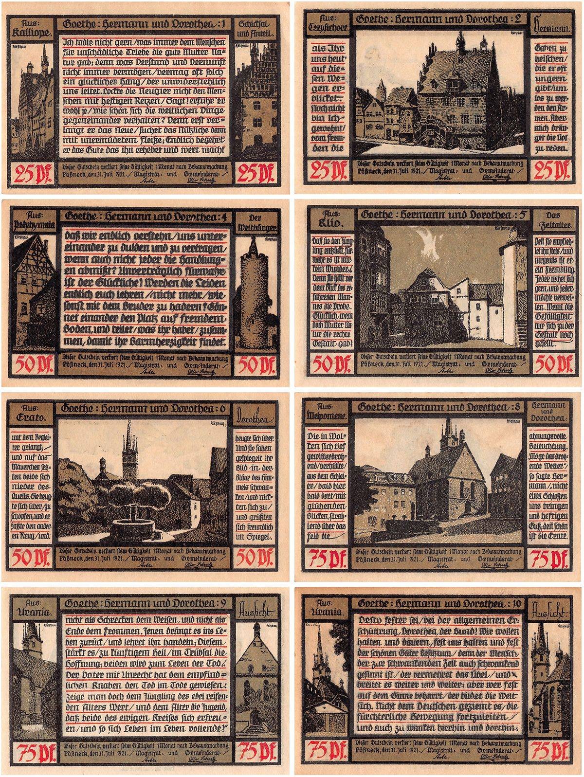Poessneck 25-75 Pfennig 8 Pieces Notgeld Set, 1921, Mehl #1066.4, UNC
