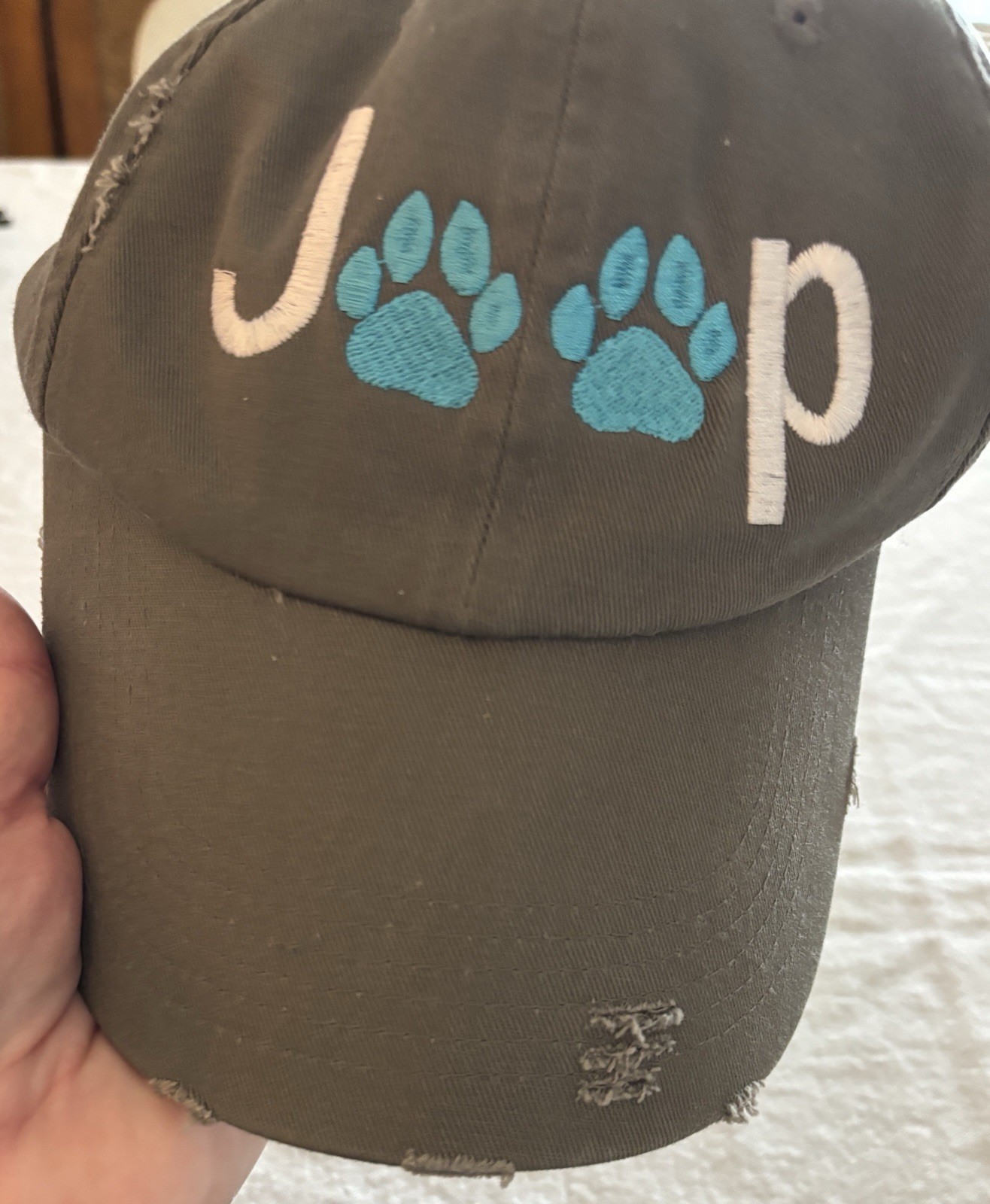 Grey Distressed Baseball Cap Embroidered “Jeep” Logo Blue Paw Prints Dog Lover