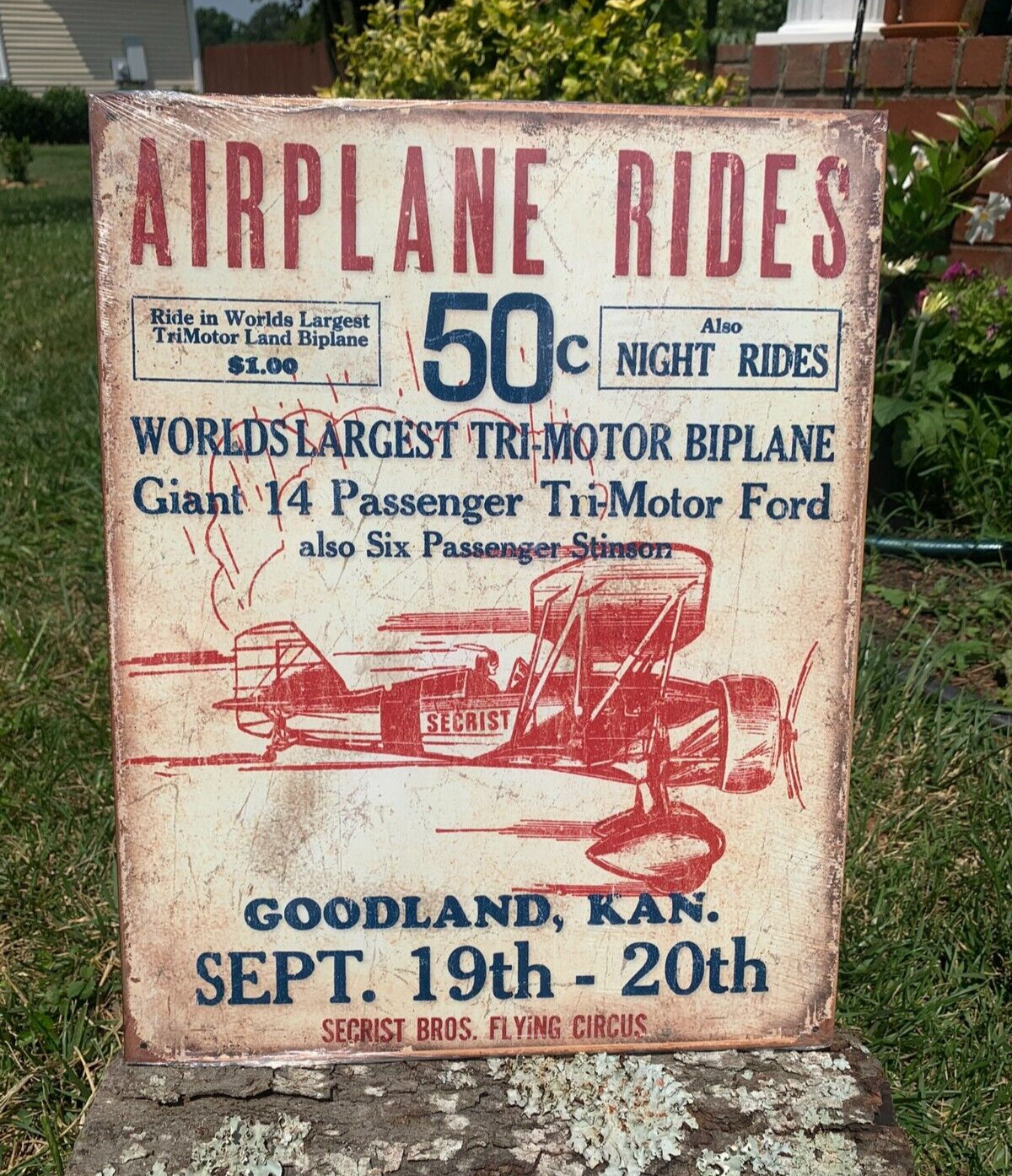 Secrist Bros Flying Circus Airplane Rides Metal Tin Sign Tri Motor Biplane