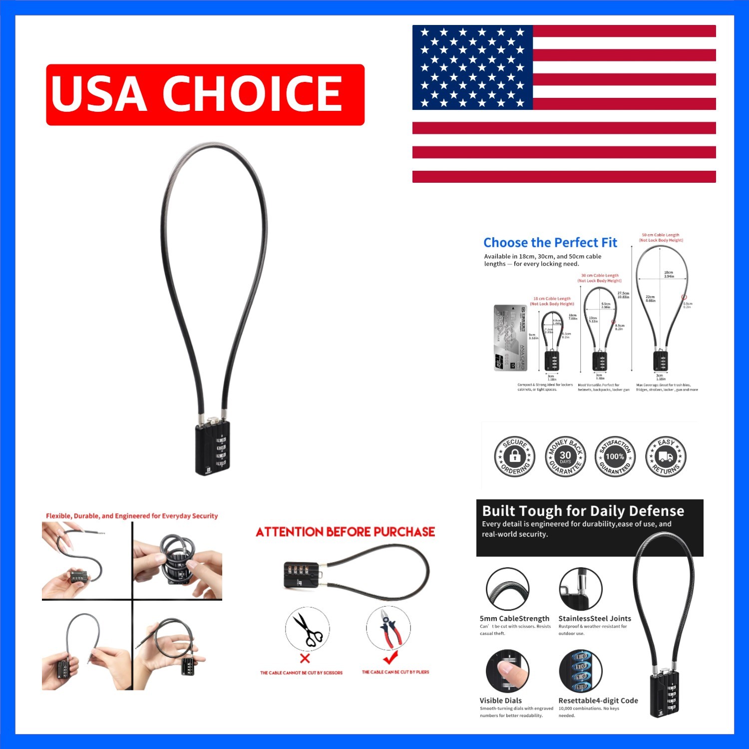 201 4-Digit Cable Padlock, 20 in 50cm 5mm Cable Loop, 1 Pack | 20 in 50cm fle...