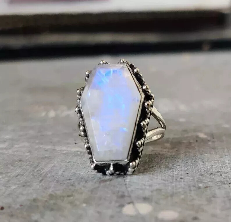 Rainbow Moonstone 925 Sterling Silver Handmade Coffin Ring All Size R210