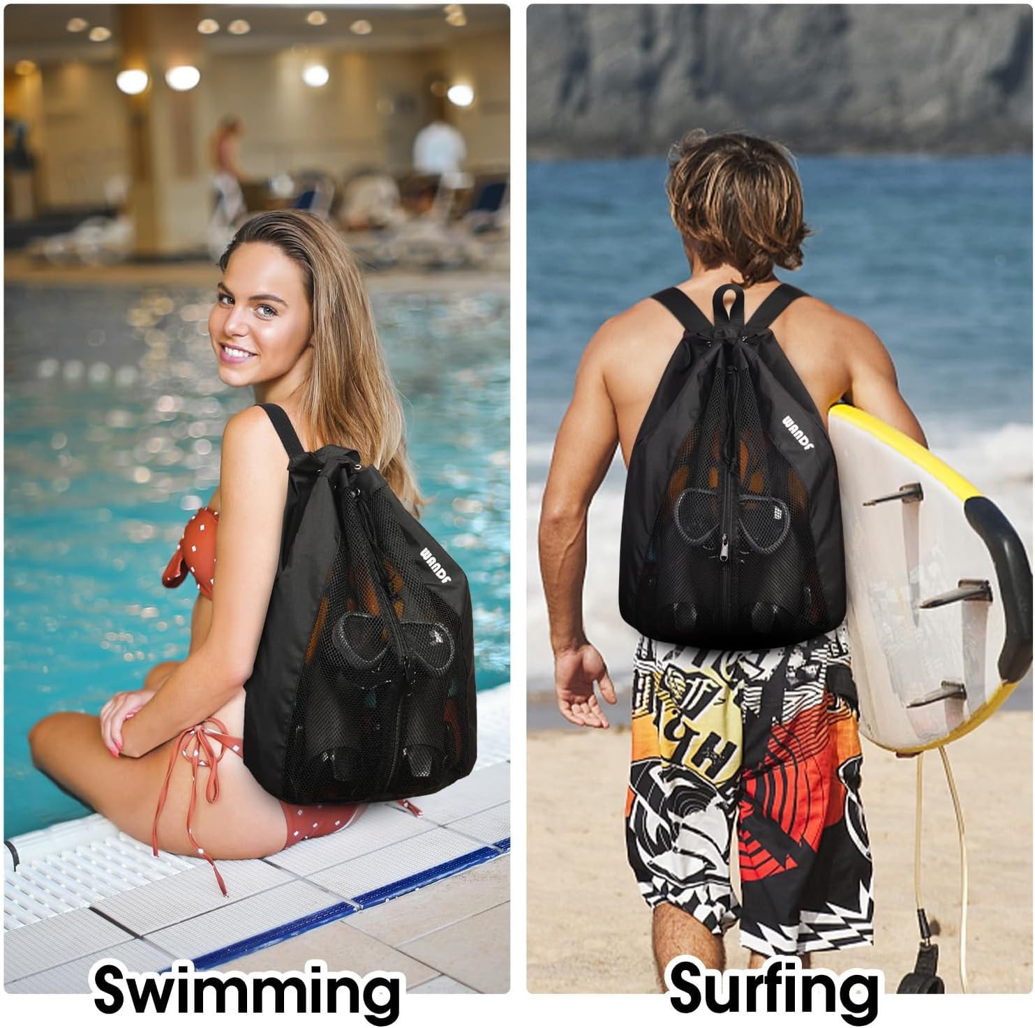 WANDF Swim Bag Mesh Drawstring Backpack Beach for One Size, Black