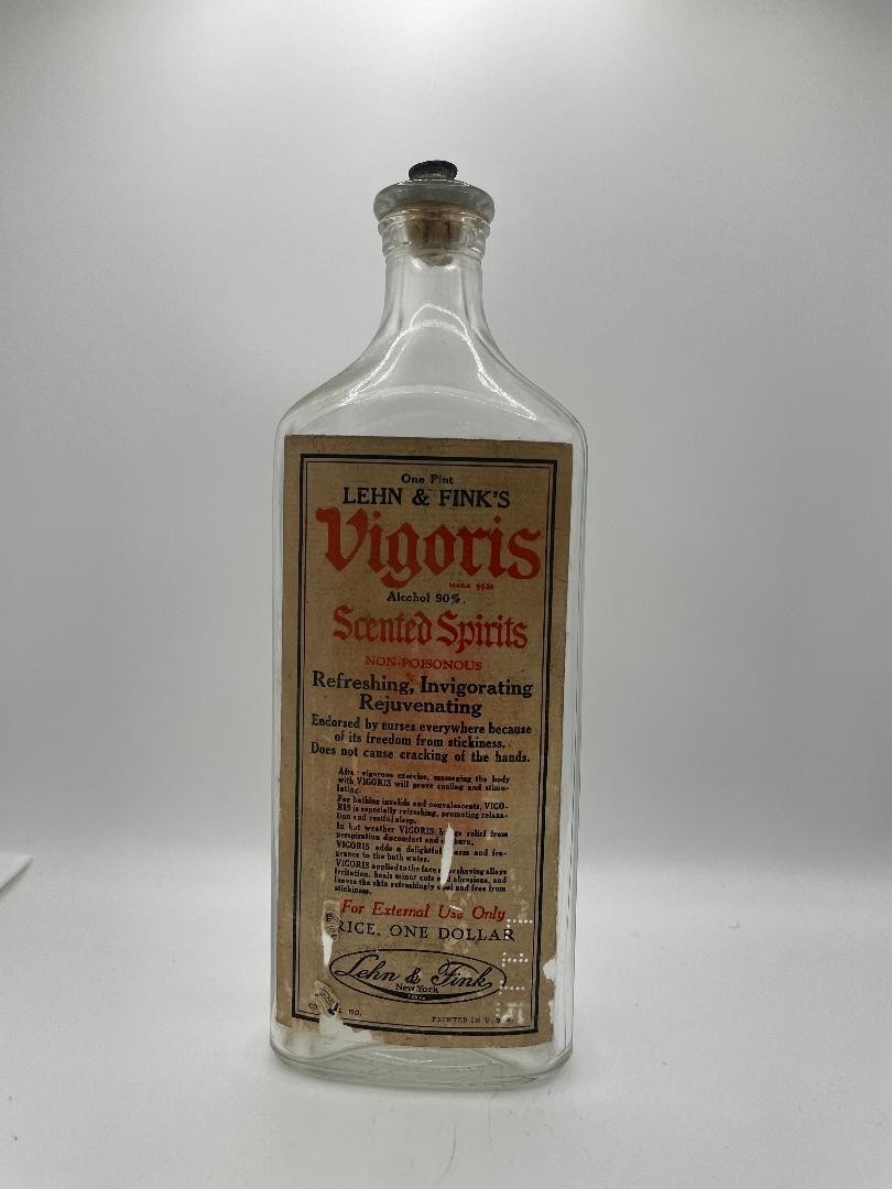 Labeled LEHN & FINK Vigoris Spirits Liquor Bottle NY Original Ornate Stopper