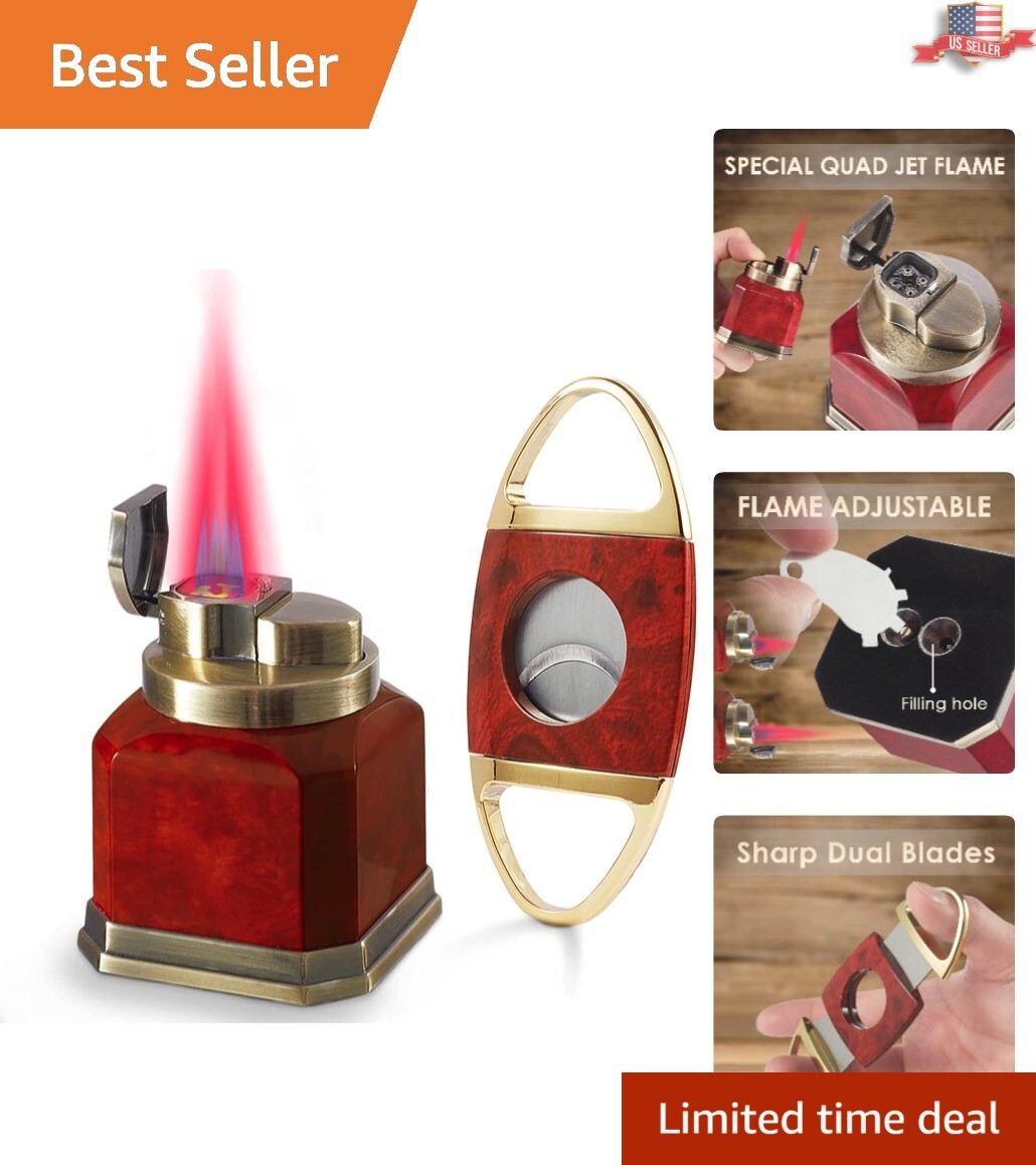 Premium Zinc Alloy Quad Jet Flame Torch Lighter - Windproof Gift Set with Cutter