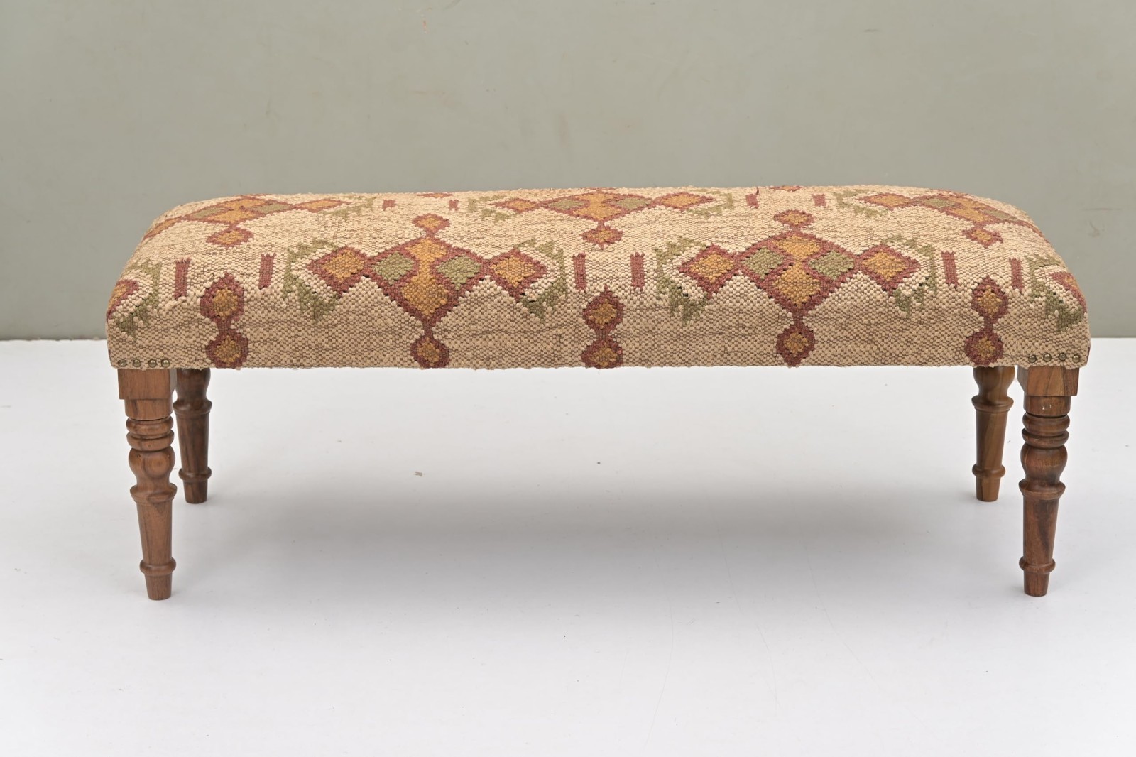 NATURAL FURNISH Acacia Wood Kilim Jute Upholstered Bench Ottoman for Home-Beige