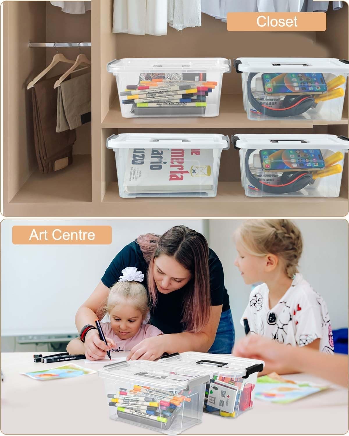 Transparent Stackable Storage Bins 7 Quart, 6 Pack with Handles - Home Organizer