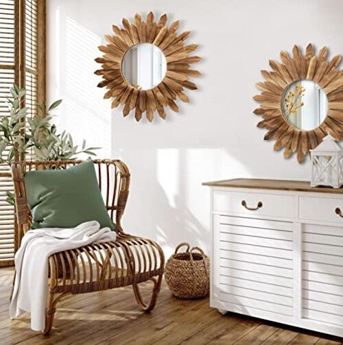 2 Pack 22 Inch Boho Wall Sunburst Mirror Rustic Round Wood Decorative Mirror