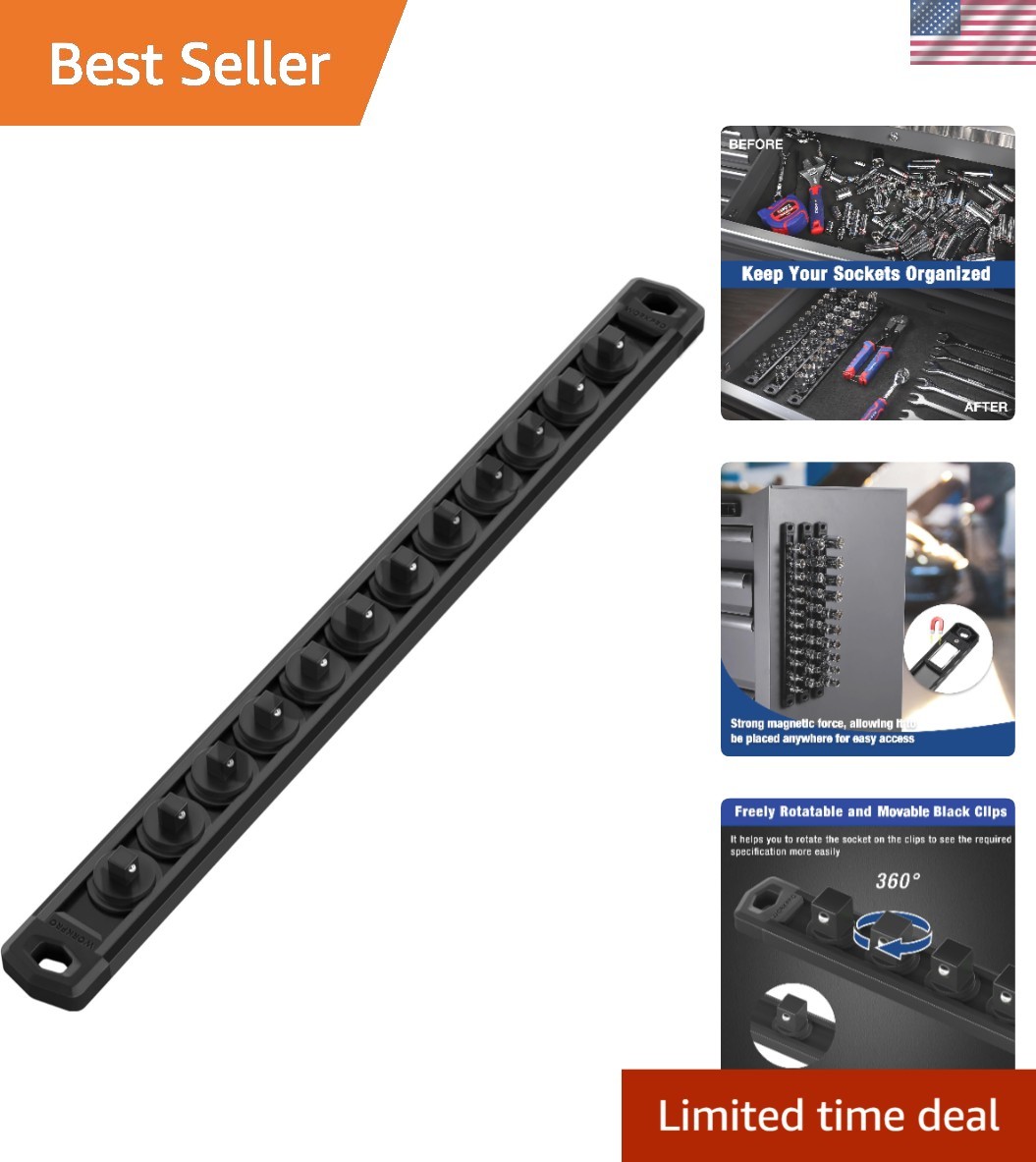 Compact Magnetic Socket Organizer - 12 Heavy Duty Clips for Optimal Garage Use