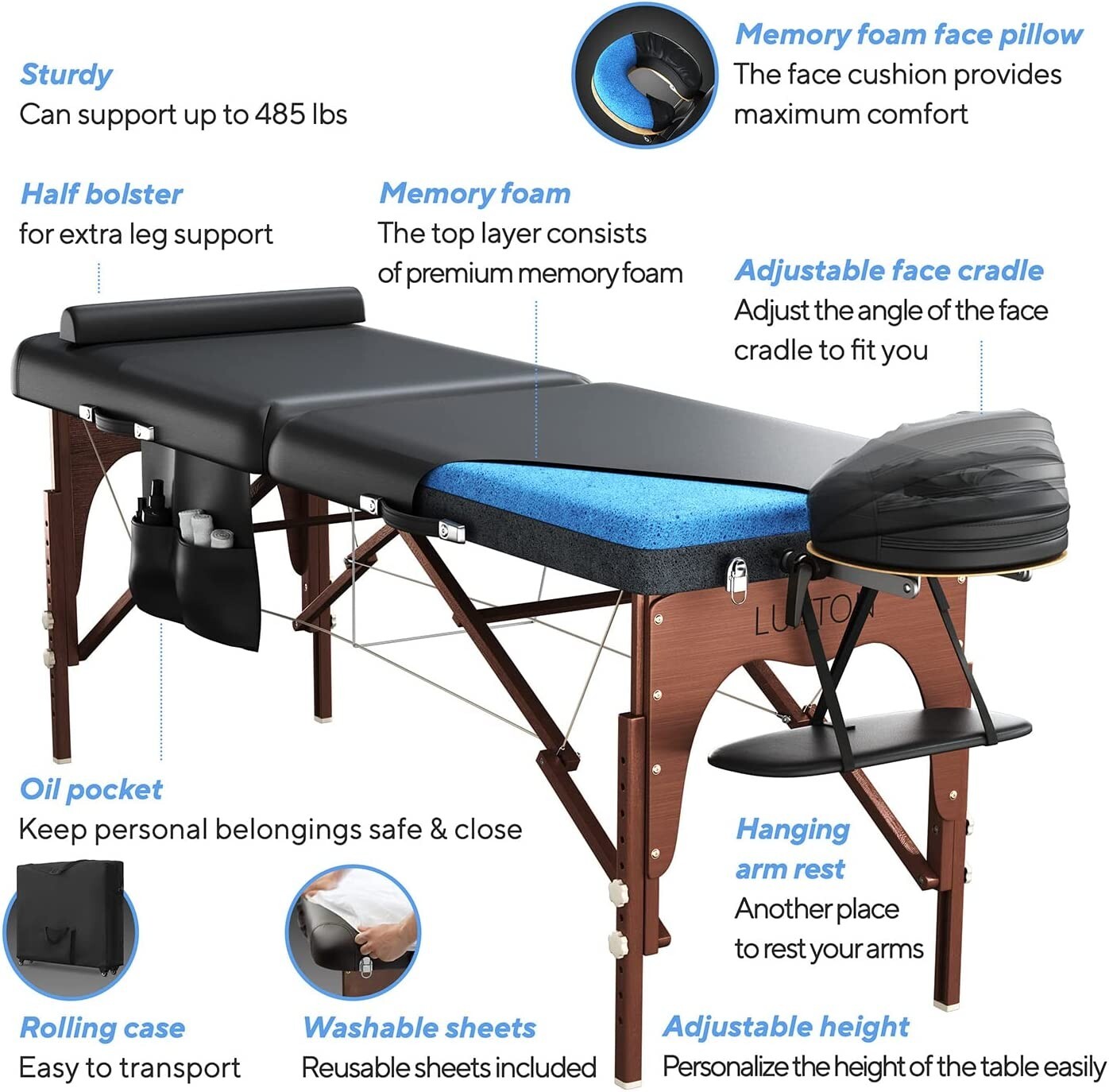 Luxton Home Premium Memory Foam Massage Table with Rolling Case, Washable Sheets