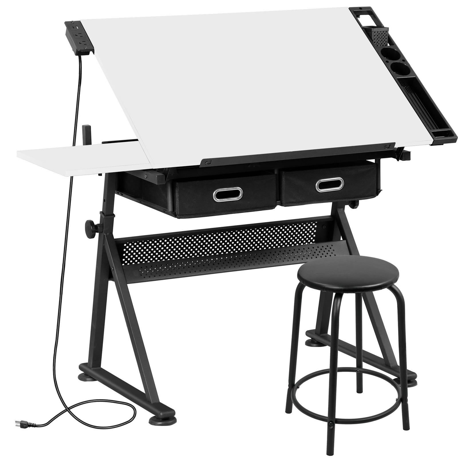 Adjustable Drafting Drawing Table Tabletop Tiltable w/ Stool & Outlet White