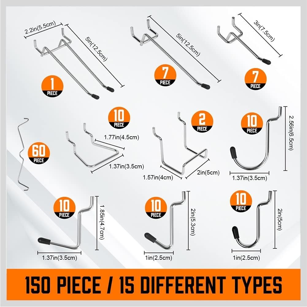 150 pcs Heavy Duty Pegboard Hooks Set Chrome Assortment for Garage Workshop