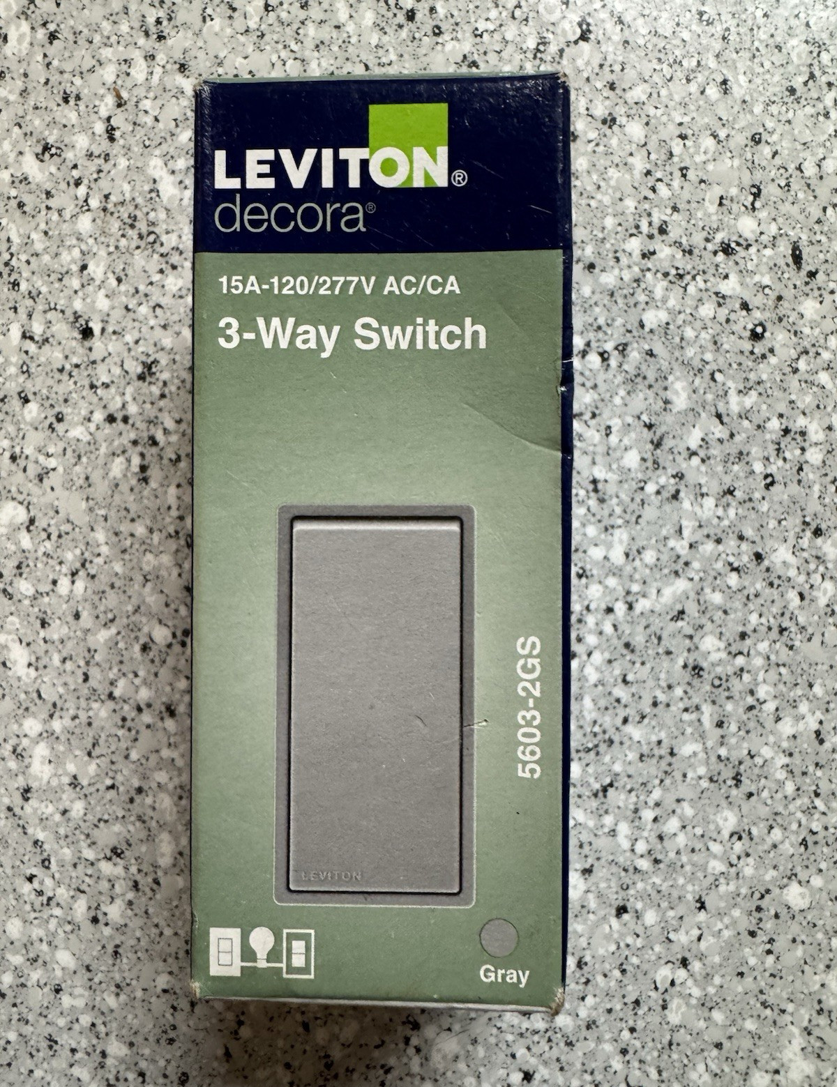 Leviton Decora 5603-2GS 3-Way Rocker Wall Switch, Gray, 15A 120/277V