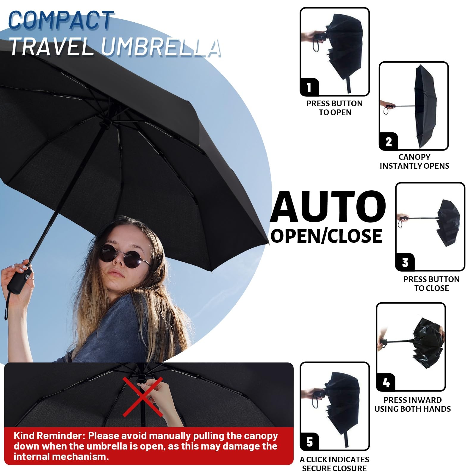 SY COMPACT Travel Umbrella - Windproof Automatic Compact 38 inches, Black