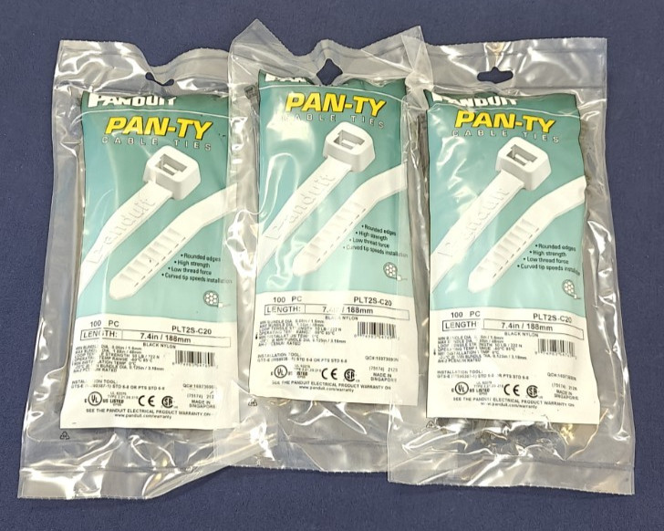 3 Packs Panduit 7.4" Pan-Ty Locking Nylon Cable Tie PLT2S-C20 188mm 300pcs Total