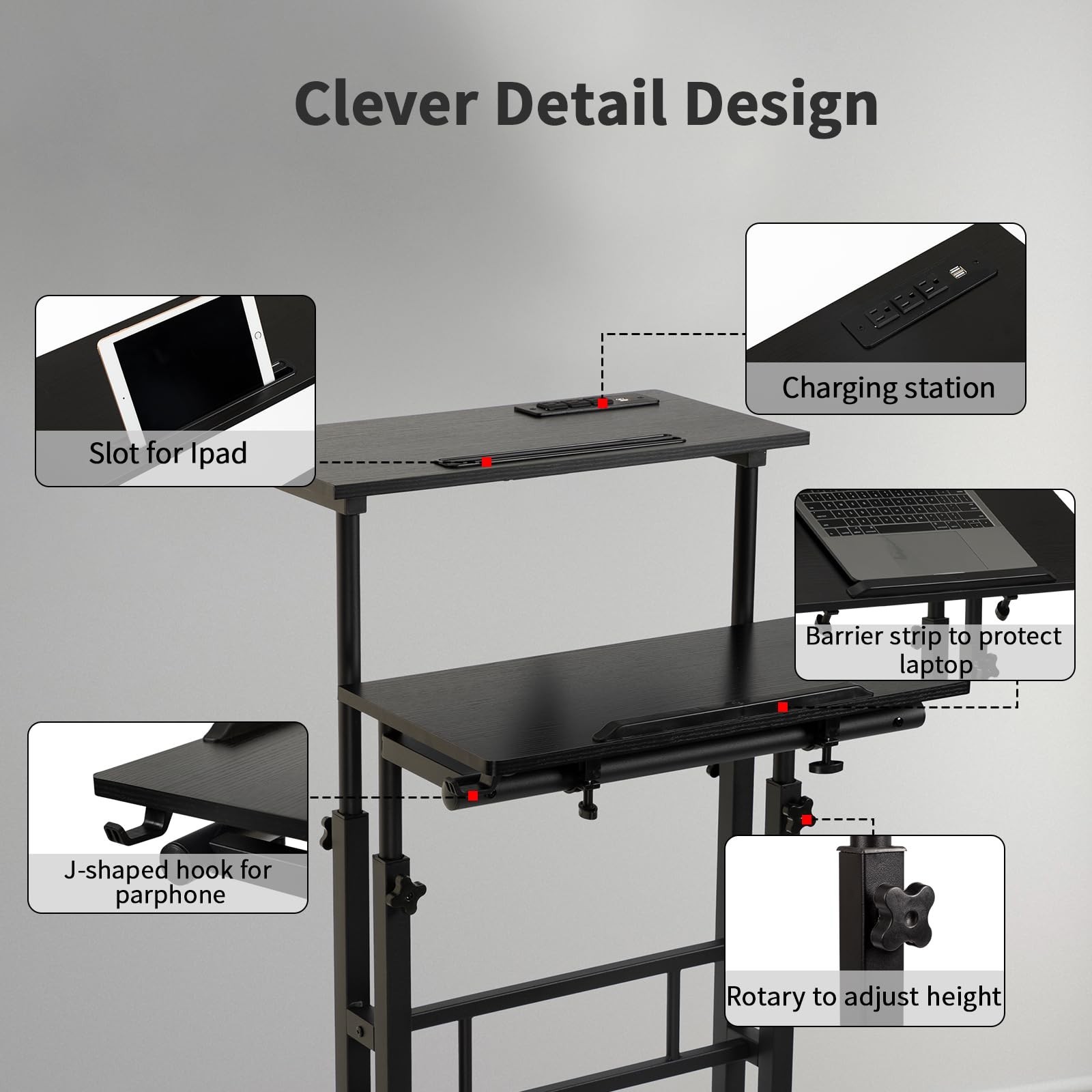 Hadulcet Mobile Standing Desk with Charging Station, Adjustable Standing Comp...