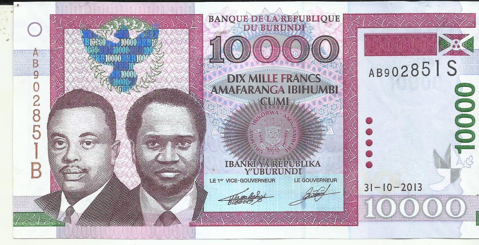 BURUNDI 10000 10 000  FRANCS 2013  P 49  UNC CONDITION. 3RW 11DES