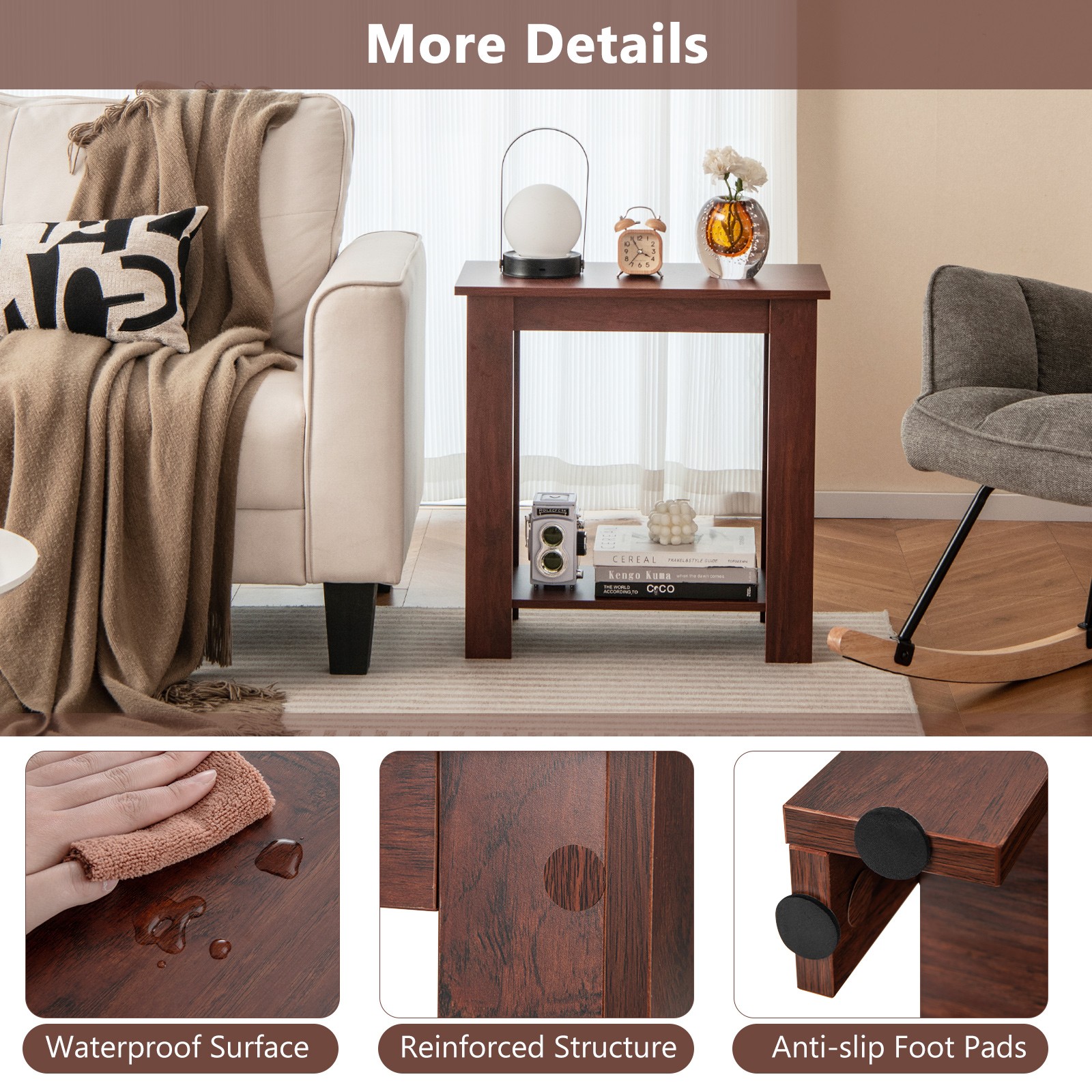2 PCS End Table Sofa Bedside Table Compact Nightstand w/ Storage Shelf Espresso